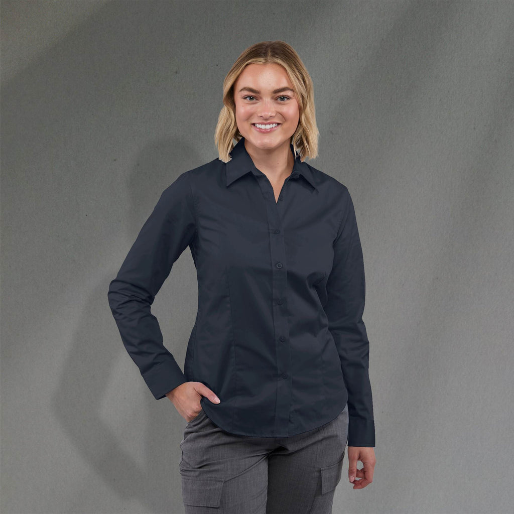 Wilshire Long Sleeve Twill Work Shirt for Women Transfer - Navy - Front On Model 2