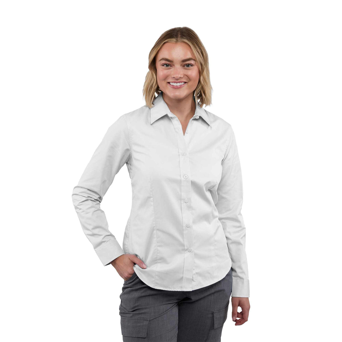 Wilshire Long Sleeve Twill Work Shirt for Women Transfer - White - Front On Model