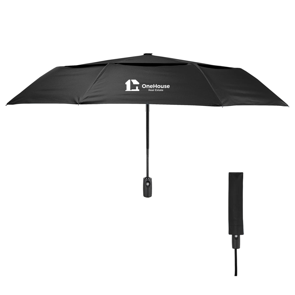 Wind Resistant Telescopic Umbrella, Recycled Canopy, 42 Inch Arc - Black - Silk Screen
