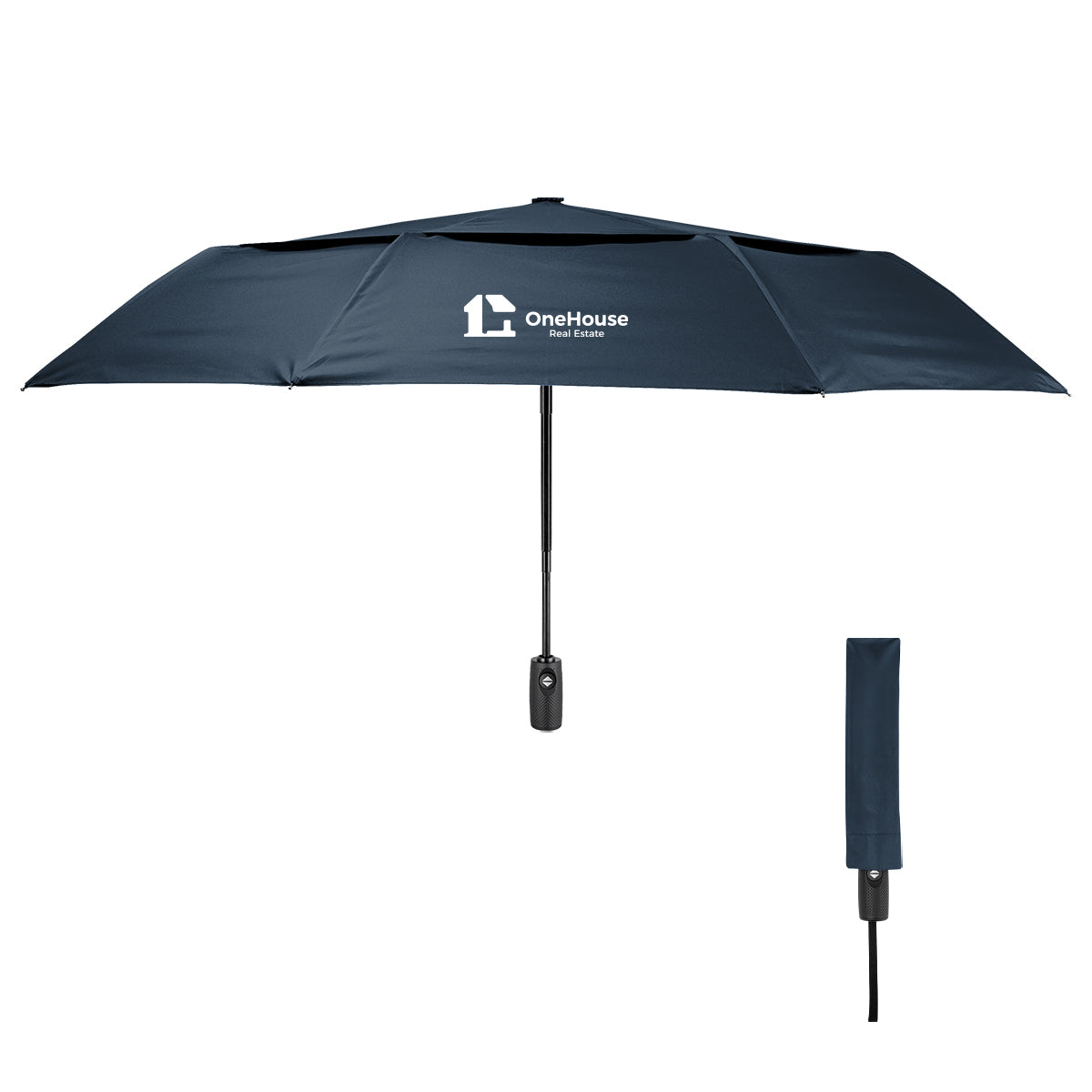 Wind Resistant Telescopic Umbrella, Recycled Canopy, 42 Inch Arc - Navy - Silk Screen