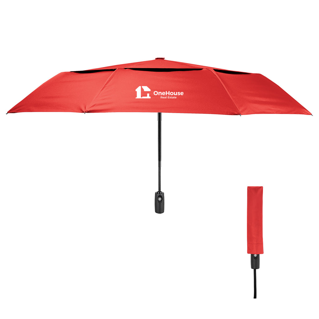 Wind Resistant Telescopic Umbrella, Recycled Canopy, 42 Inch Arc - Red - Silk Screen