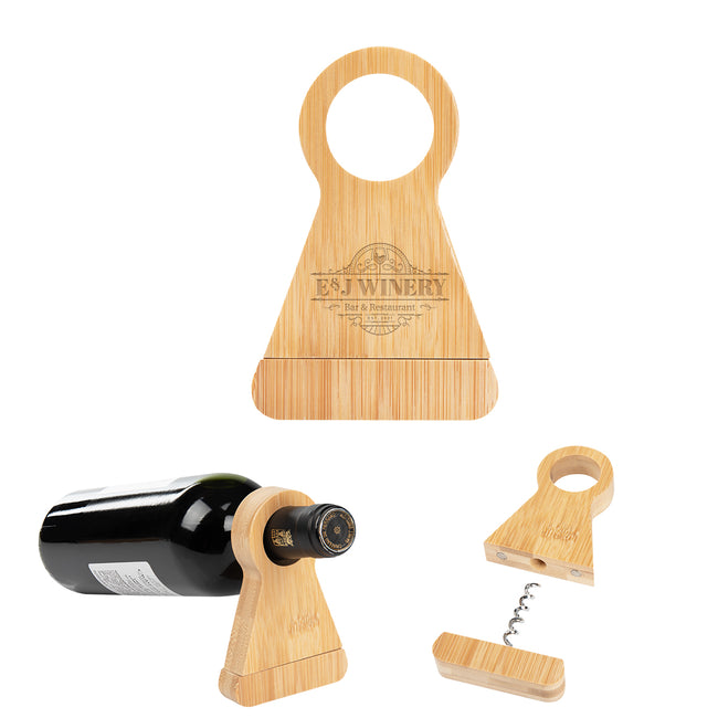 Wine Bottle Stand and Corkscrew in Bamboo