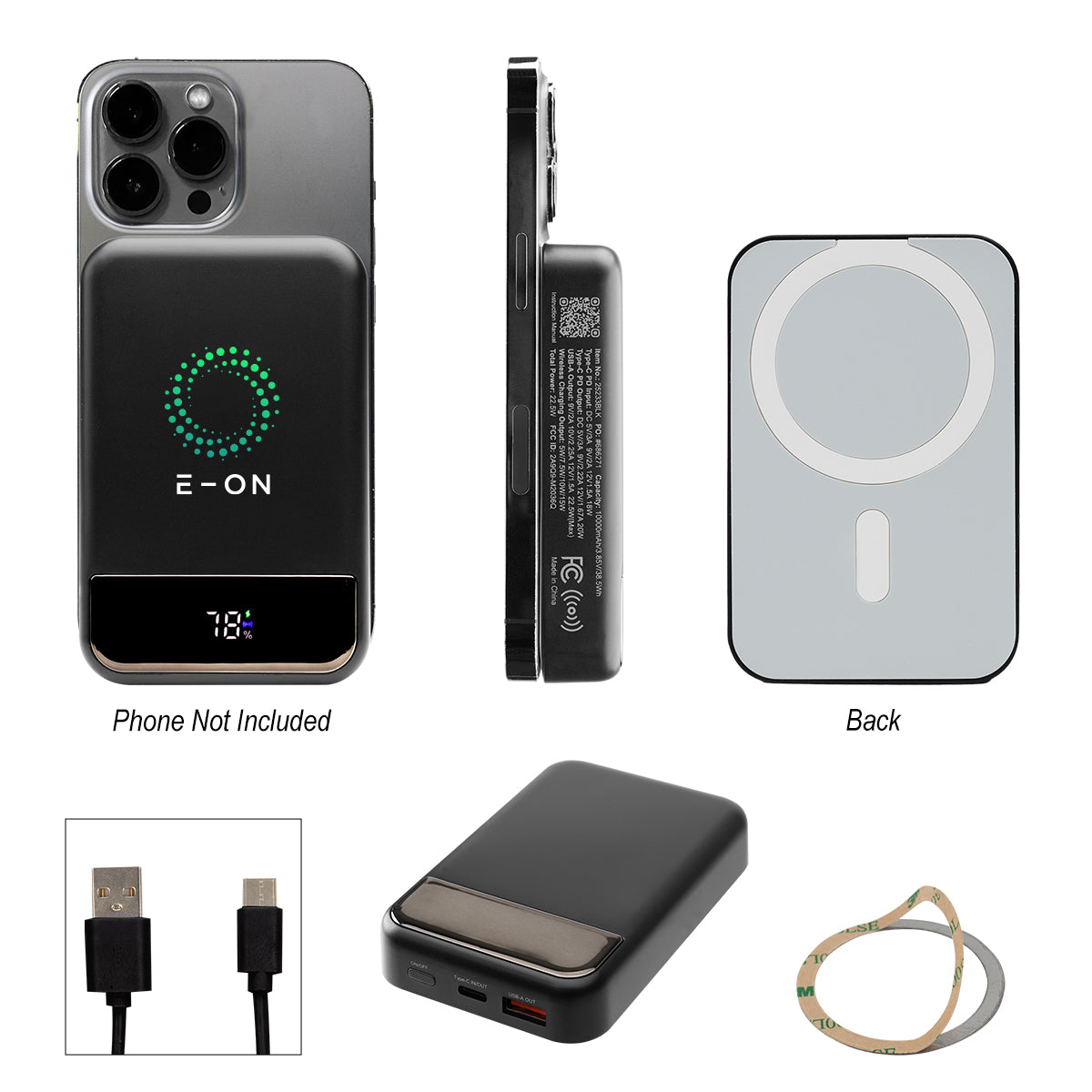 Wireless Charging Power Bank, 10,000 mAh - Black - Full Color