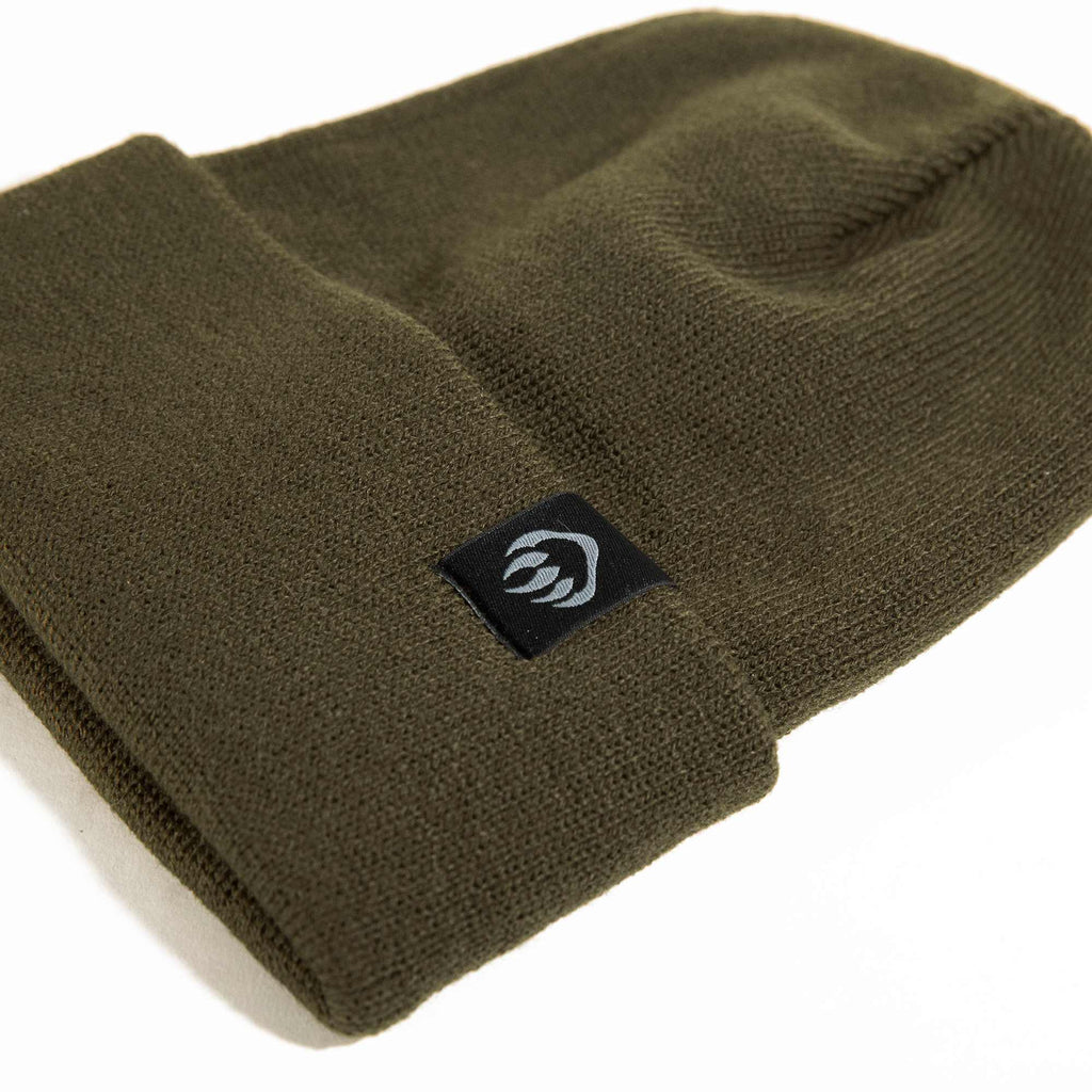 Wolverine Rib Knit Watch Cap, Made in USA Embroidery - Dark Olive - Right Angle 2