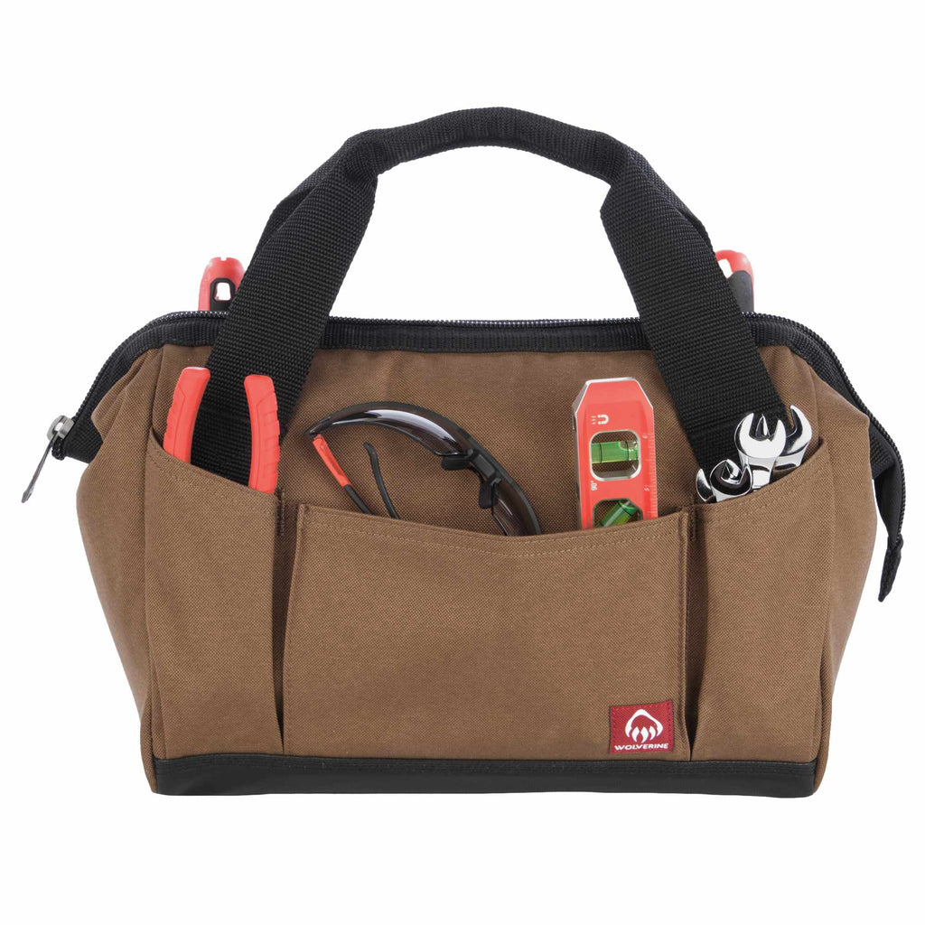 Wolverine Tool Bag with 14 Pockets, 13 Inch Embroidery - Chestnut - Propped Front