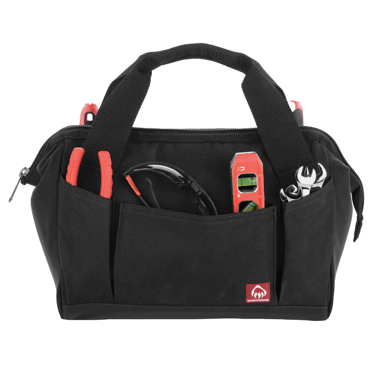 Wolverine Tool Bag with 14 Pockets, 13 Inch Transfer - Black - Propped Front