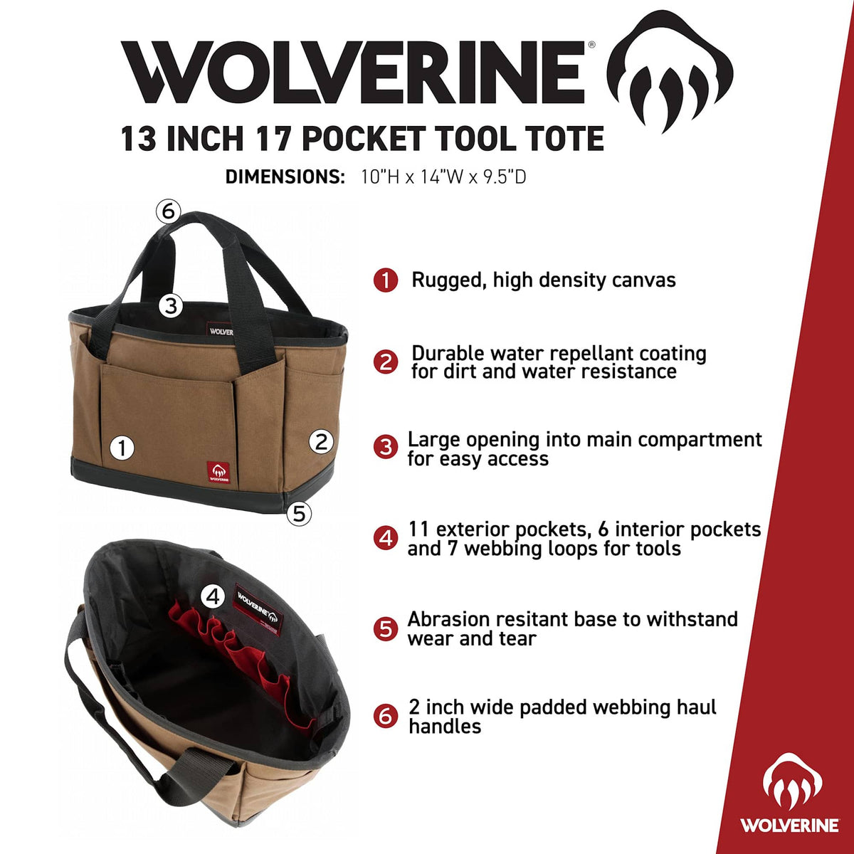 Wolverine Tool Tote with 17 Pockets, 13 Inch Transfer - Chestnut - Photo