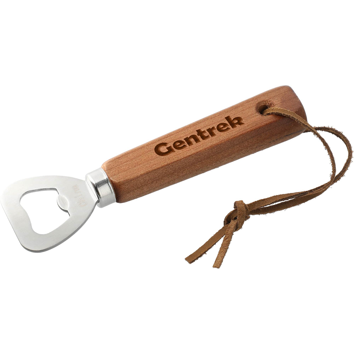 Wood Handle Bottle Opener with Leather Strap Laser Engraving - Wood - Front 2
