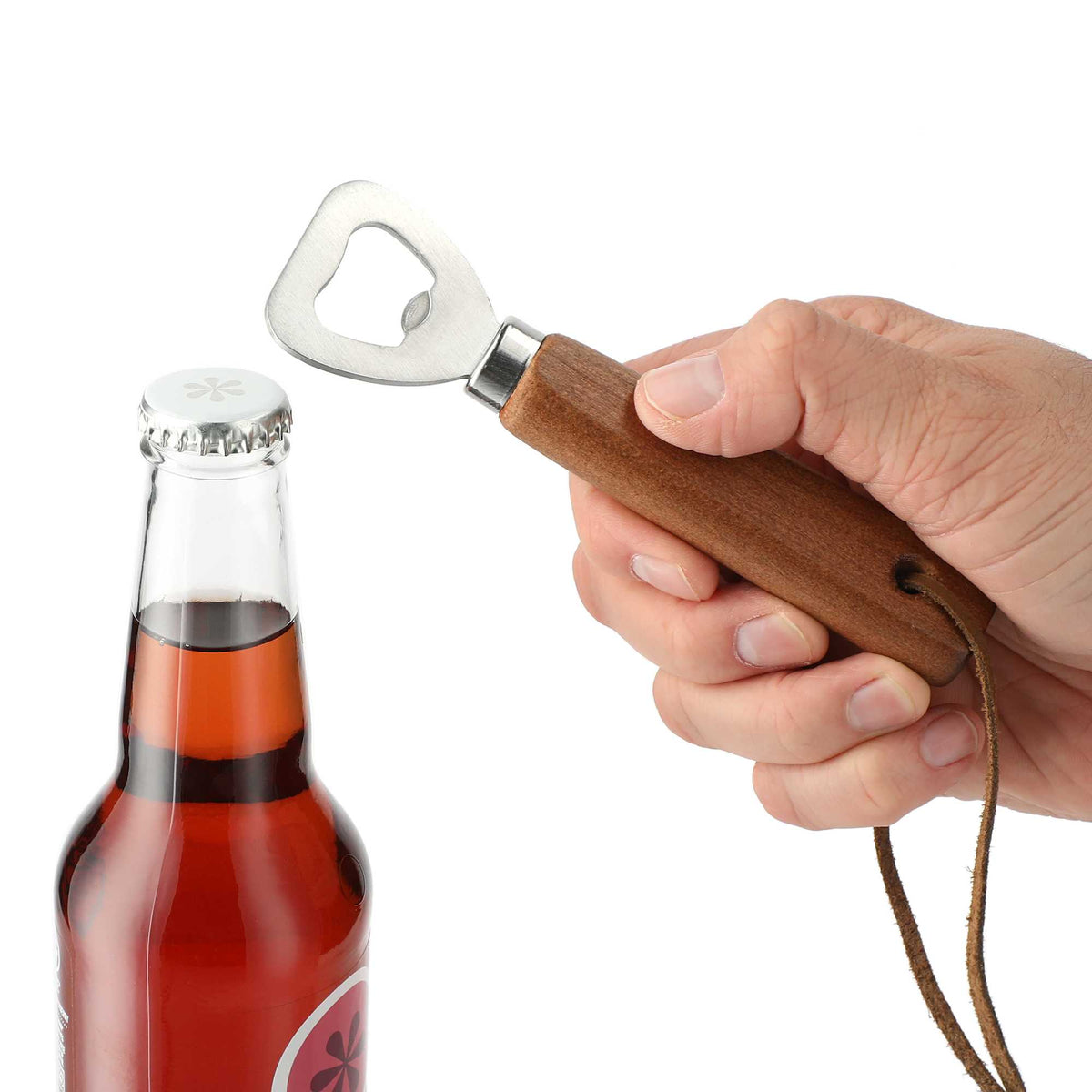 Wood Handle Bottle Opener with Leather Strap - Wood - Photo