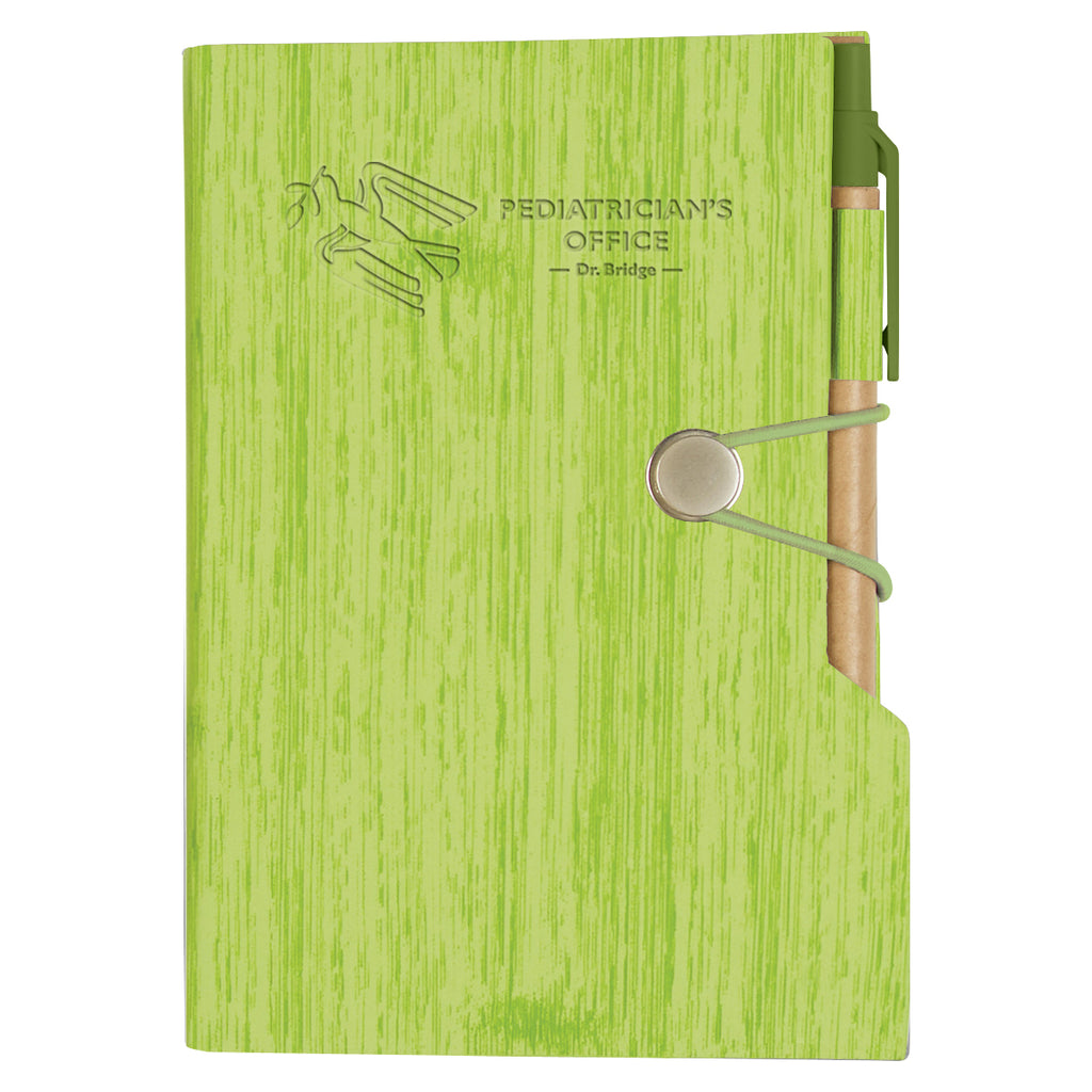 Woodgrain Notebook with Sticky Notes and Flags - Lime Green - Debossing