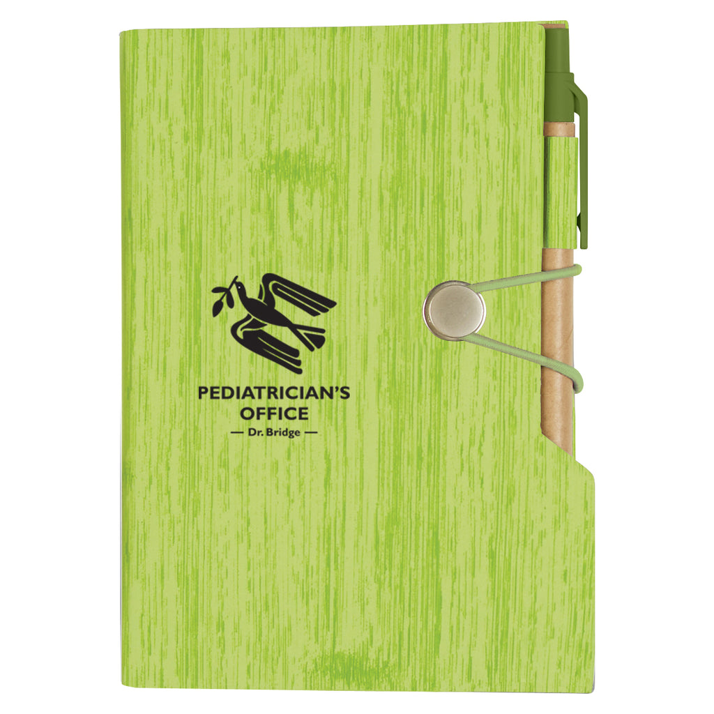 Woodgrain Notebook with Sticky Notes and Flags - Lime Green - Silk Screen