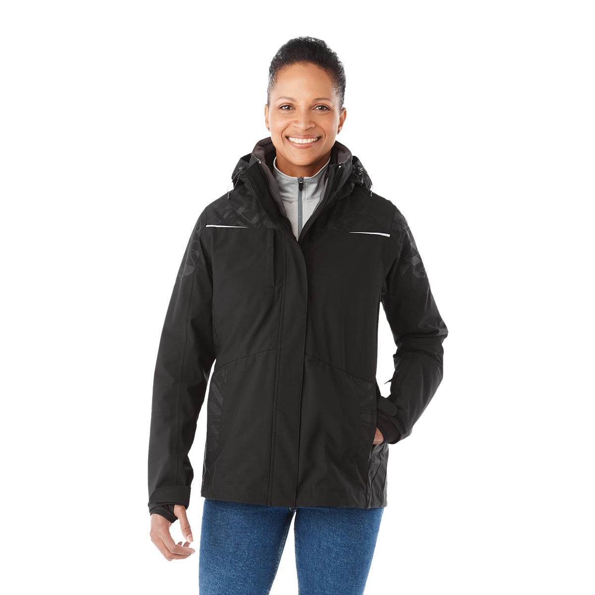 Yamaska 3-in-1 Waterproof Softshell Jacket for Women Embroidery - Black/Black - Front On Model 2