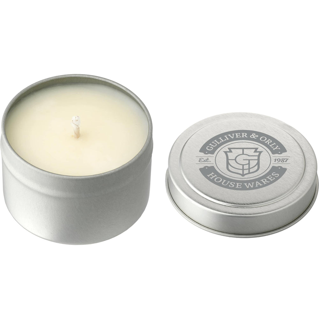 Zen Tea Soy Candle in a Mini Tin, 2.7 oz Laser Engraving - Silver - Left Angle