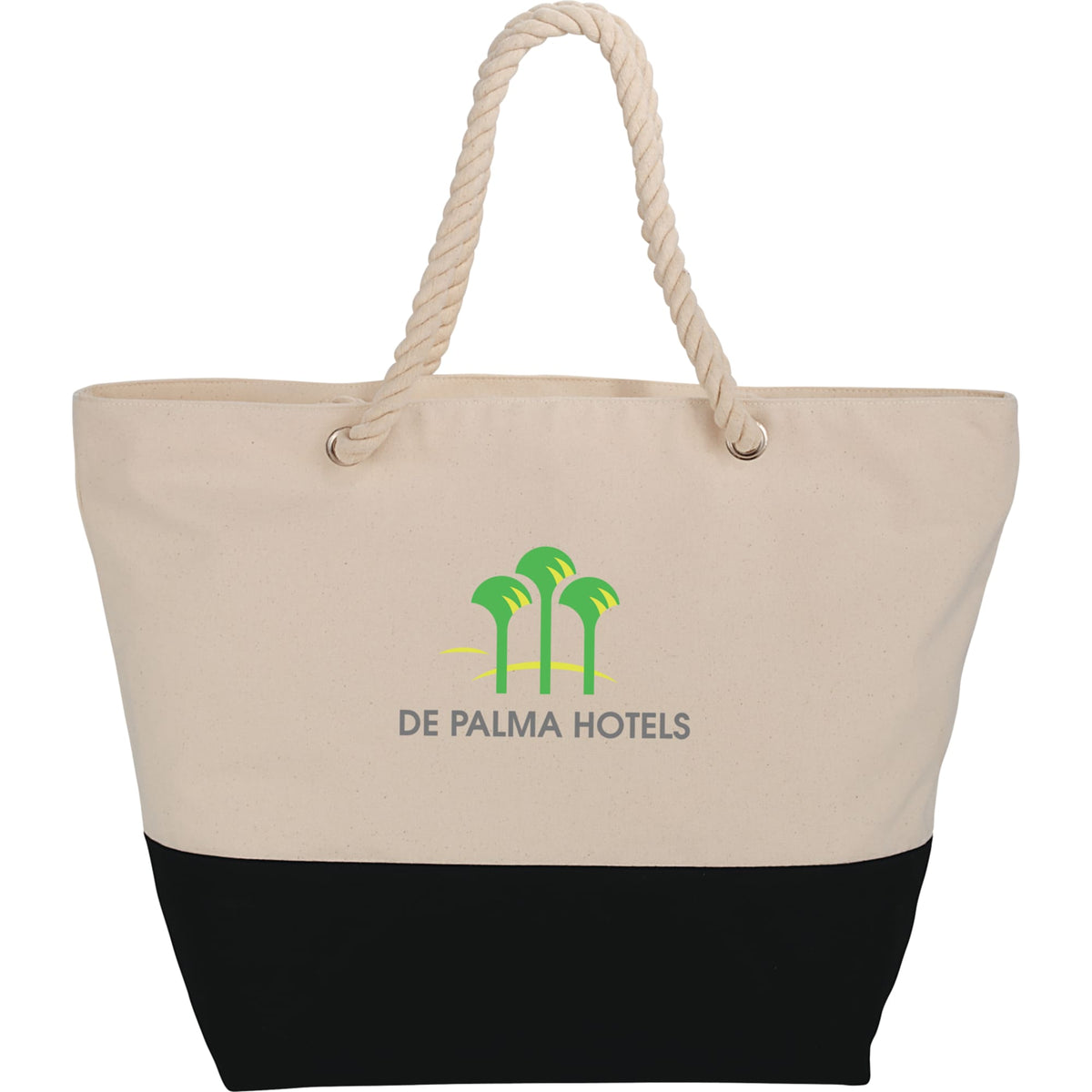 Zippered Canvas Rope Tote with Color Band, 12 oz - Black - Front