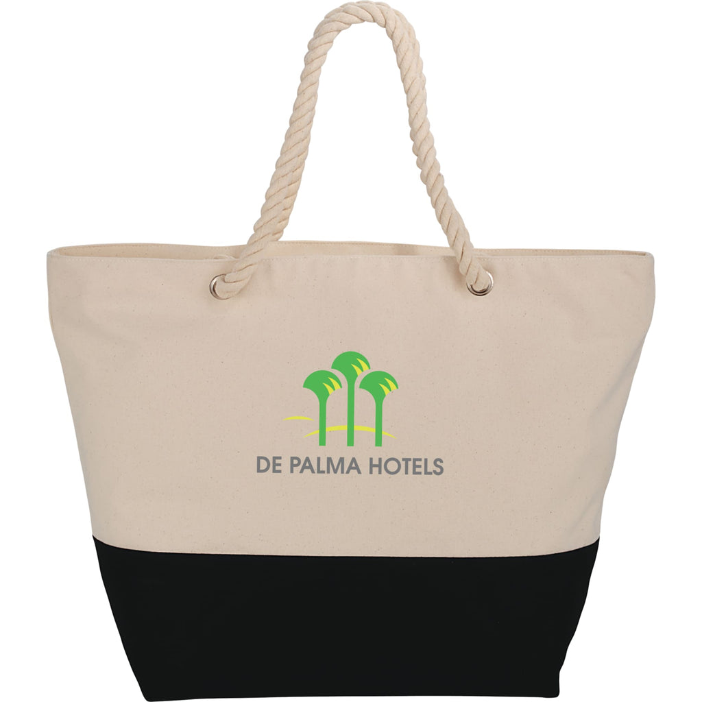 Zippered Canvas Rope Tote with Color Band, 12 oz Embroidery - Black - Front
