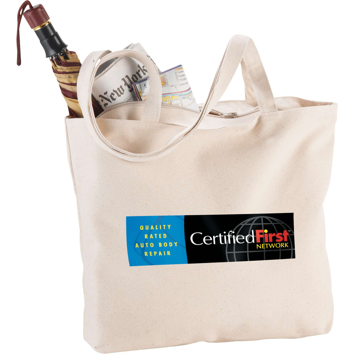 Zippered Organic Cotton Shopper Tote, 10 oz Transfer - Natural - Front