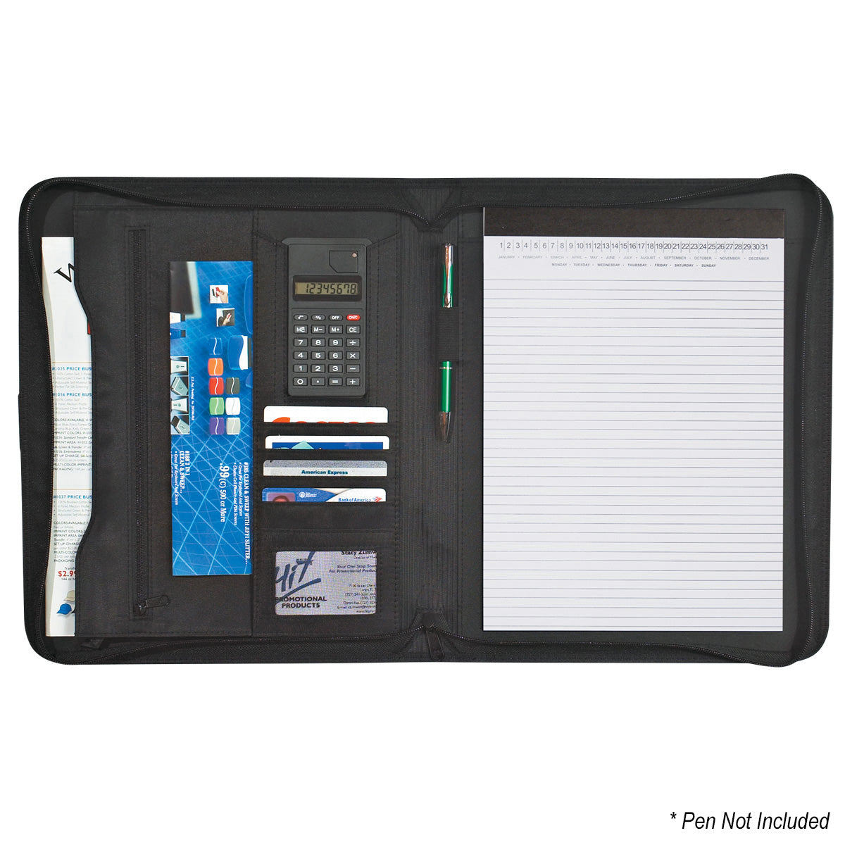 Zippered Portfolio and Calculator in Pebble Grain Debossing - Black - Open