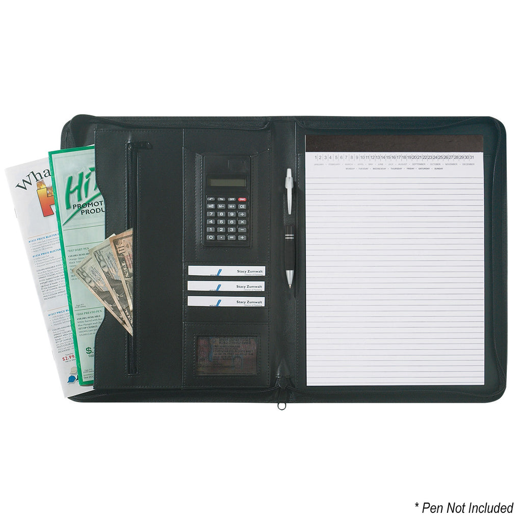 Zippered Portfolio with Calculator, Leather Look - Black - Open
