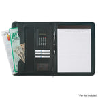 Zippered Portfolio with Calculator, Leather Look - Black - Open