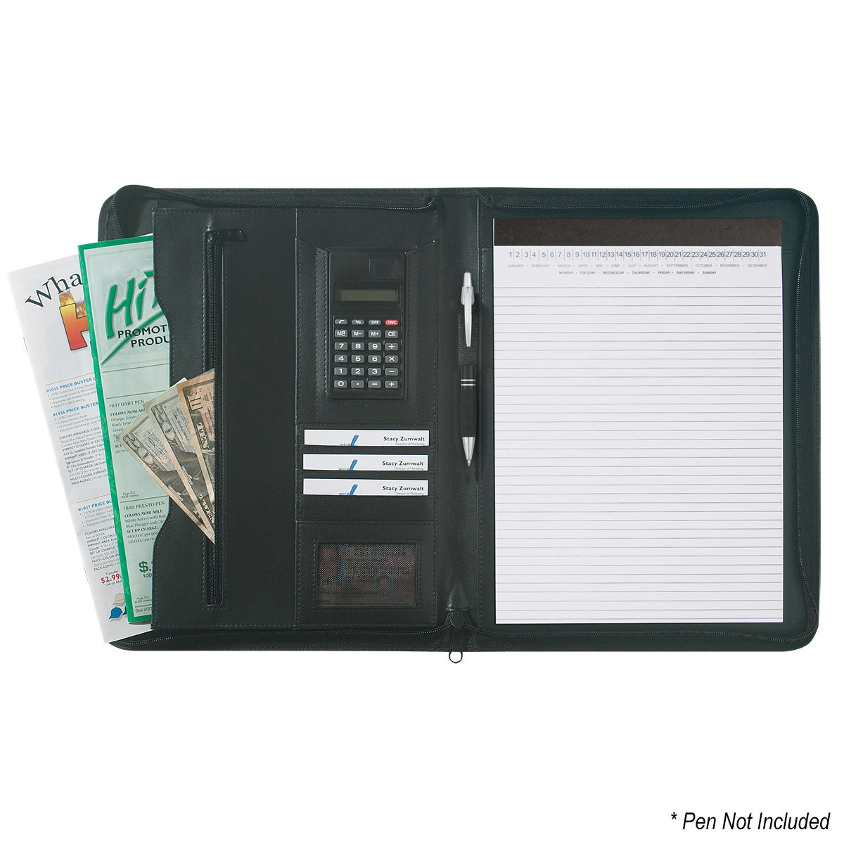 Zippered Portfolio with Calculator, Leather Look - Black - Open