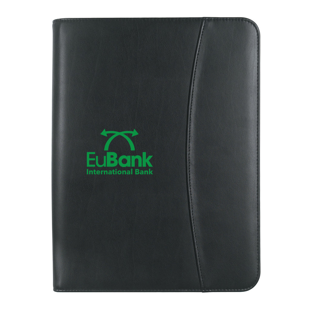 Zippered Portfolio with Calculator, Leather Look - Black - Silk Screen